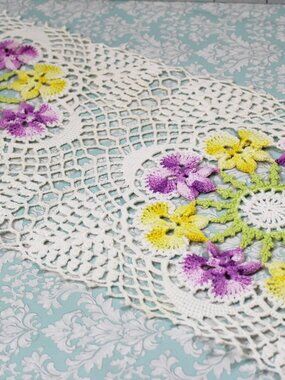 Vintage Doily - Hand Crocheted Rectangular - Pansies Purple Yellow Green